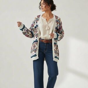 Vintage Hand Knit Floral V Neck Long Button Cardigan Sweater Large